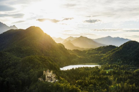 Hohenschwangau Castle, foehn storm, sunset, near Fuessen, Ostallgaeu, Allgaeu, Bavaria, Germany,
