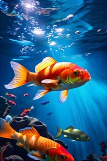 Brightly colored koi fish congregation underwater scene elegantly gliding in a peaceful atmosphere,