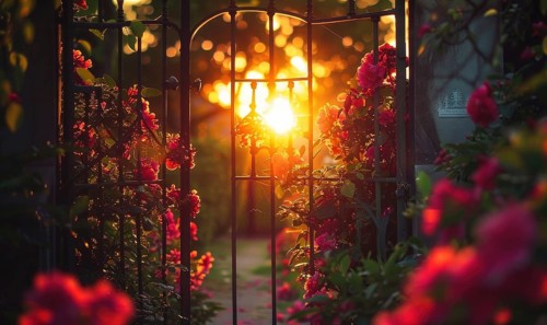 The warm light of sunset silhouettes roses around a tranquil garden gate AI generated