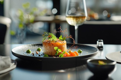Artistically plated salmon with vibrant garnishes in a fine dining ambiance, AI generated