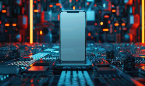 Smartphone mockup with a blank screen on a futuristic technology background AI generated