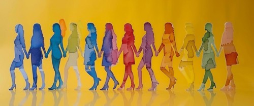 Silhouettes of women forming a color gradient from yellow to purple symbolizing progression and