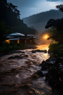 Heavy rainfall pouring on an already saturated ground leading to mudslides captured in a stormy