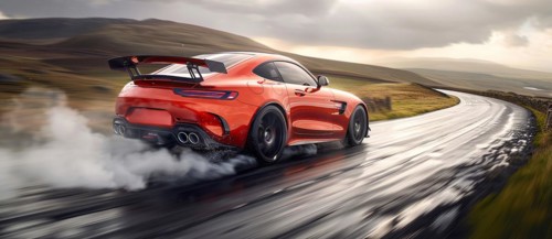 A red sports car speeding down a wet mountain road, emitting a trail of steam, preparing to drift