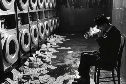 A man in an elegant suit sits relaxed on a chair, surrounded by washing machines and bundles of