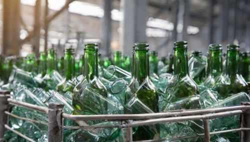 Empty glass bottles, in a recycling plant, AI generated, AI generated