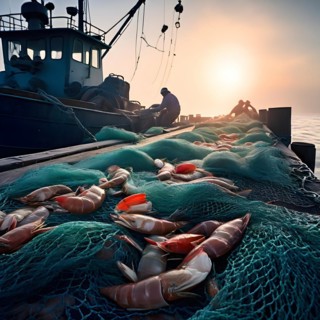 Commercial fishing net cascading onto the dock overflowing with caught shrimp fish and incidentally