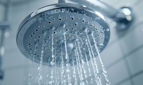 A close glimpse at water droplets flowing from a modern shower head fixture AI generated