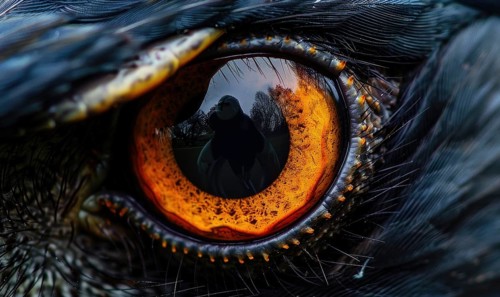 Dark background emphasizing the golden eye of a raptor with a reflected silhouette AI generated