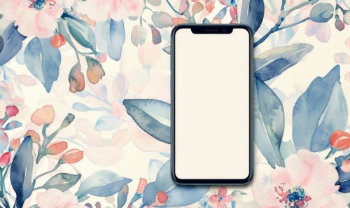 Smartphone with blank screen mockup on delicate watercolor floral seamless background AI generated