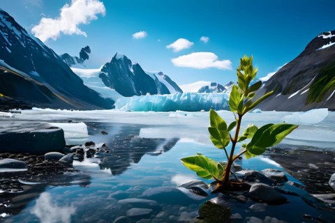 Melting glacier water cascading down its sides single green sapling, AI generated