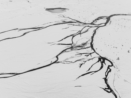 Overgrown river landscape, onset of winter, Fjallabak Nature Reserve, drone image, black and white