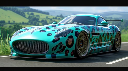 Colorful polka-dotted sports car racing through vibrant green hills under a clear sky, AI generated