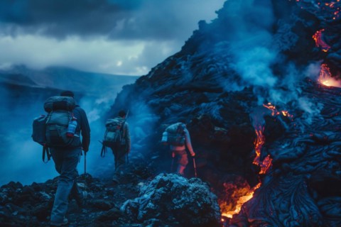 Tourists, hiking group, expedition, onlookers on the way to an active volcano, surrounded by hot,