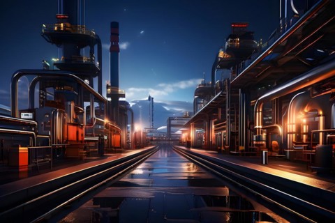 Detailed view of the intricate network of pipelines and fueling stations at a seaport, AI generated