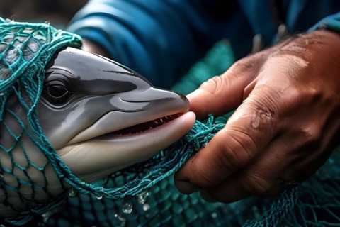 Fisherman's rough hands meticulously disentangling a young dolphin from a fisher net, AI generated,
