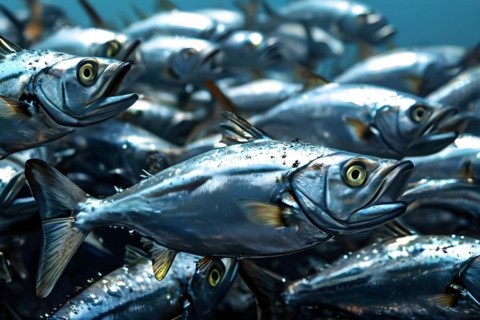 Silver sardines arrive in a dense school their silver scales shimmer under the light, AI generated,