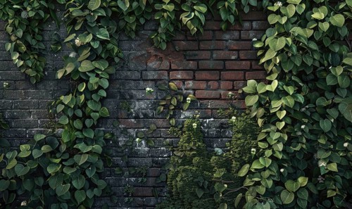 Aged brick wall partially covered by a dense growth of green ivy leaves AI generated
