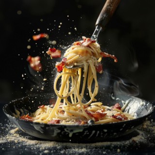 Close-up of a fork twirling steaming carbonara roman pasta with crispy bacon and delicate