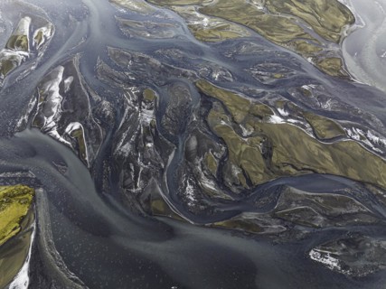 Overgrown river landscape, Eldhraun, near Kirkjubaejarklaustur, drone image, Sudurland, Iceland,
