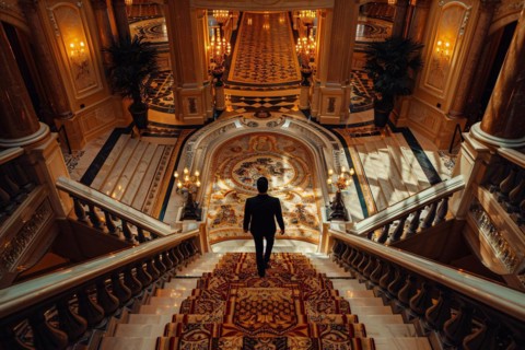 A man descending a grand, ornate staircase in a lavish setting, AI generated