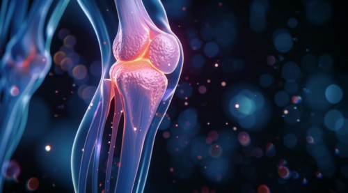Digital art of a glowing pink and blue knee joint in an abstract medical context, ai generated, AI