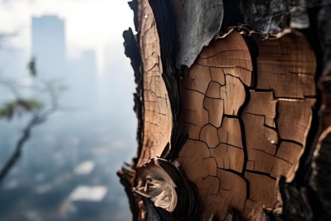 Tree barks texture cracked and dry juxtaposed with a faint city silhouette indicating climate