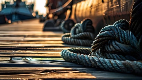 Ropes and bollards securing a ship at the dock at morning, AI generated