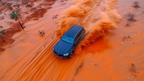 A fast-moving SUV tearing through the desert, trailing a large dust cloud, action sports