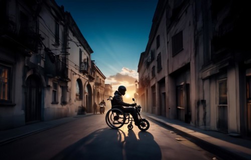 Concept of a wheelchair motorcyclist wearing a helmet. Injuries and deaths among motorcyclists, AI