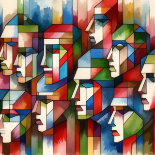 Artwork of multiple colorful abstract geometric faces in cubism style, square aspect, AI generated