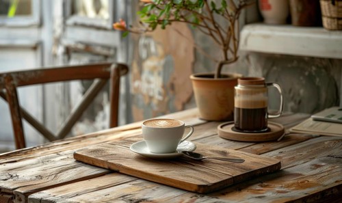 A cup of coffee with latte art on a rustic wooden table next to a ceramic pot and plant AI