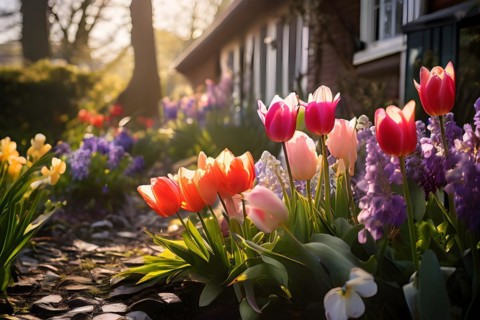 Traditional cottage garden with spring flowers tulips hyacinths pansies in warm morning light, AI