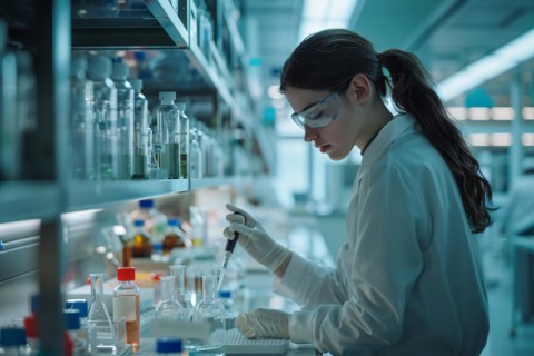 Focused female scientist conducting an experiment in a laboratory with blue lighting, AI generated