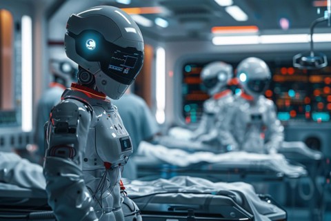 A futuristic astronaut interacting with robots in a high-tech, science fiction environment, AI