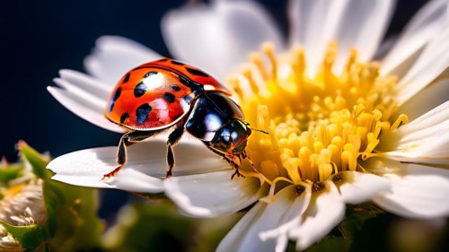 Ladybug ascends daisy petal embodying, AI generated