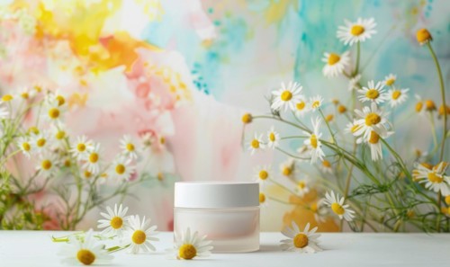Blank cosmetic jar mockup placed on an elegant watercolor chamomile background, skin care and