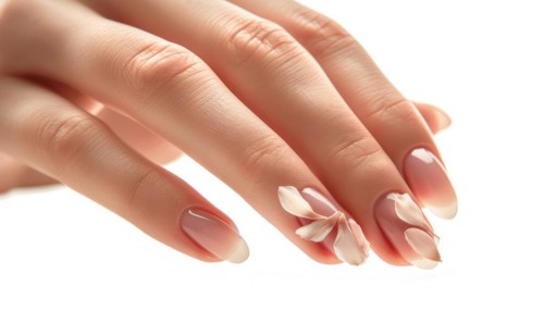 Close-up of a woman's hand with a neutral manicure, adorned with delicate flower petals AI