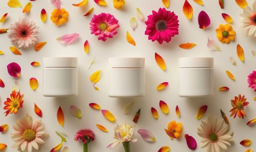 Three creme jar blank mockups nestled amidst delicate flower petals on a white background AI