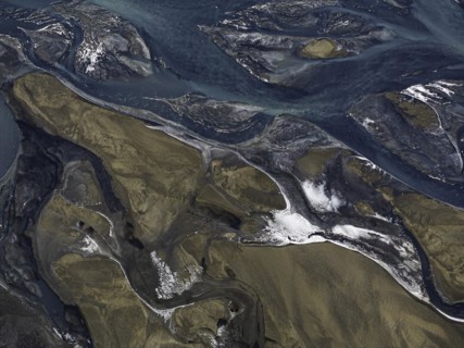 Overgrown river landscape, Eldhraun, near Kirkjubaejarklaustur, drone image, Sudurland, Iceland,