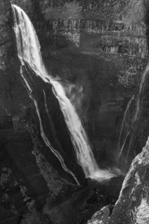 Foaming Halfoss waterfall, black and white photo, Sudurland, Iceland, Europe