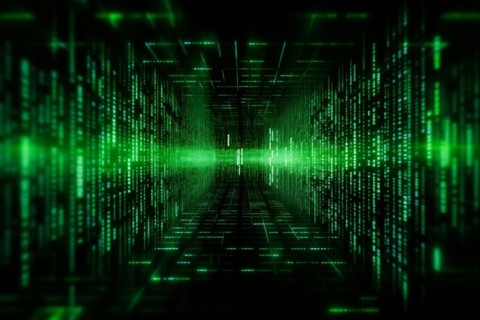 Green dynamic digital data streams, showcasing flowing lines of code in a mesmerizing pattern,