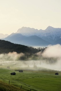 Sunrise and morning fog, Geroldsee or Wagenbruechsee, Kruen near Mittenwald, Werdenfelser Land,