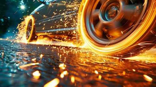 Car wheel spinning fast on asphalt at night, creating a shower of sparks, low ultra wide angle, AI