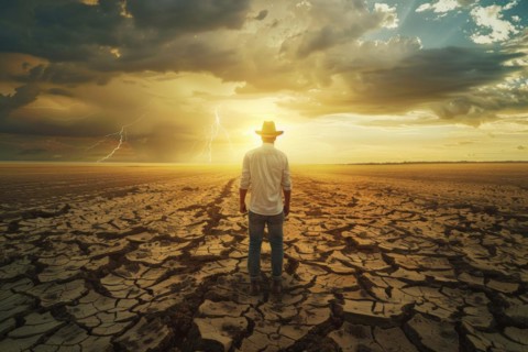 A farmer stands on a parched, cracked earth surface on the horizon a storm with heavy rain is