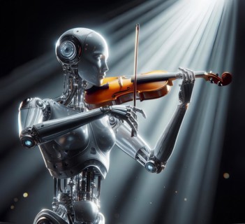 A humanoid robot stands in a concert hall and plays classical music with a violin, symbolic image