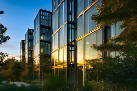Glass windows on a building individually adjusting transparency for energy conservation, AI