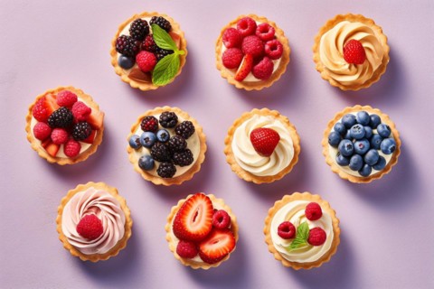 Top viee of tartlets with cream and fruits on violet background. KI generiert, generiert, AI