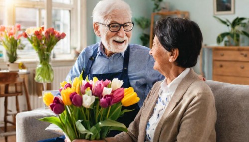 An elderly man with glasses laughingly hands a woman a colourful bouquet of tulips in the living