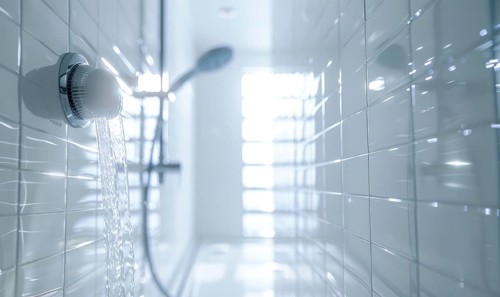Stream of water running from a showerhead in a bright, modern bathroom AI generated